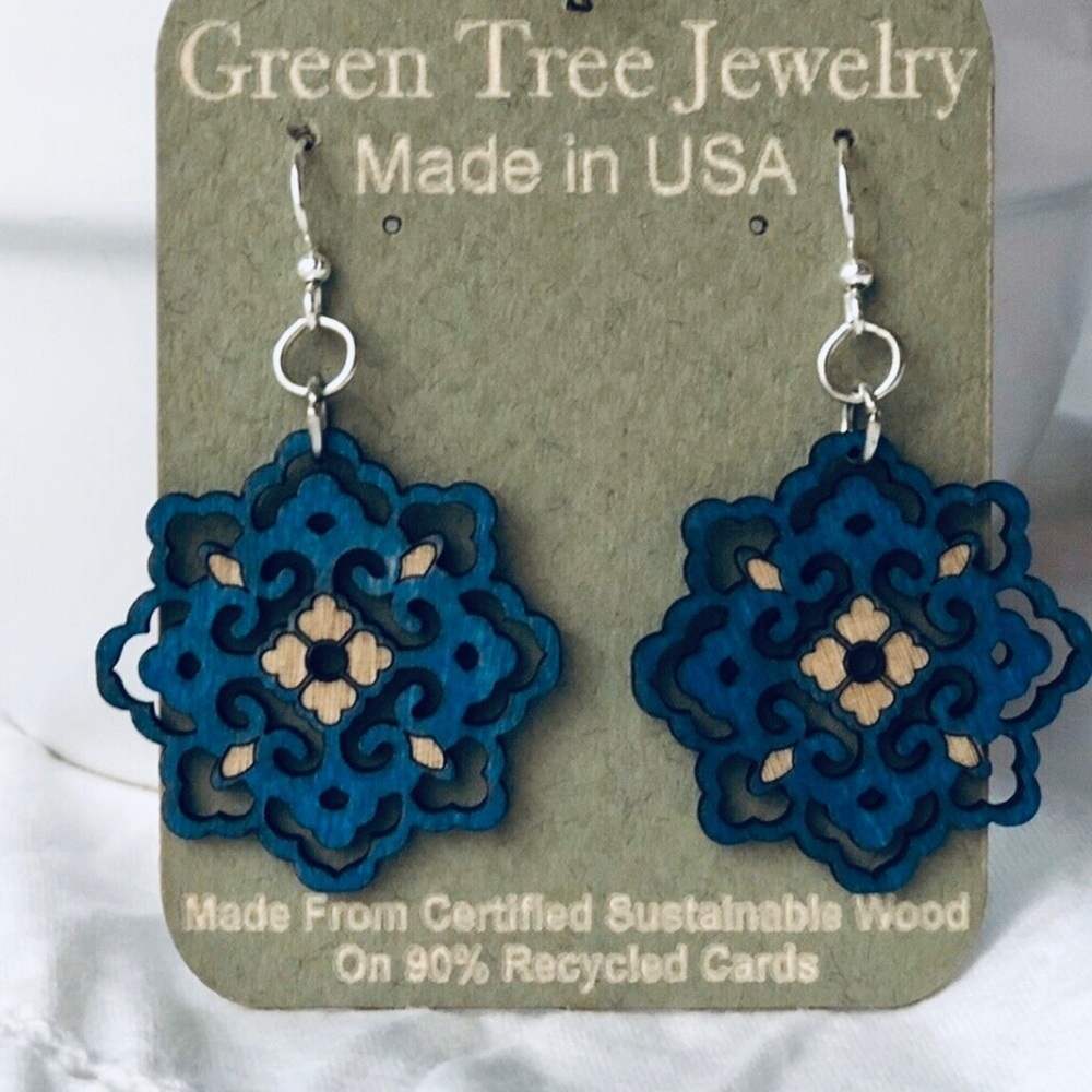Green Tree Earrings Small Wood Dyed Lightweight
